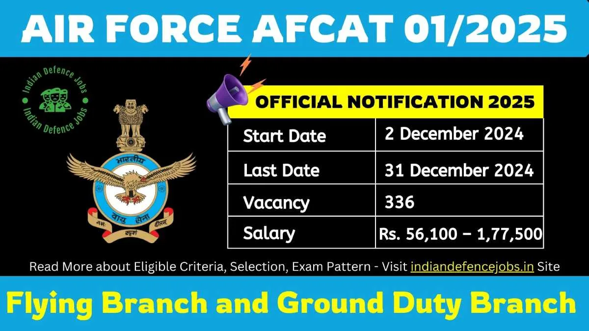 Indian Air Force AFCAT 01/2025 Recruitment 2025 for Flying and Ground Duty (336 Vacancies)